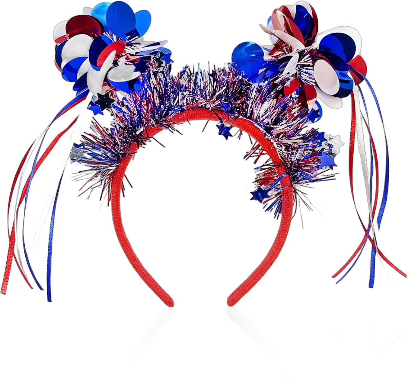 Doneace Patriotic Pom Pom Headband, 4th of July Independence Day Parade Party Headbands, Blue Red White American Flag Star Design Ribbon Hair Band, Fluffy Ball Hair Band for Women Girls Kids 04.double-sphere