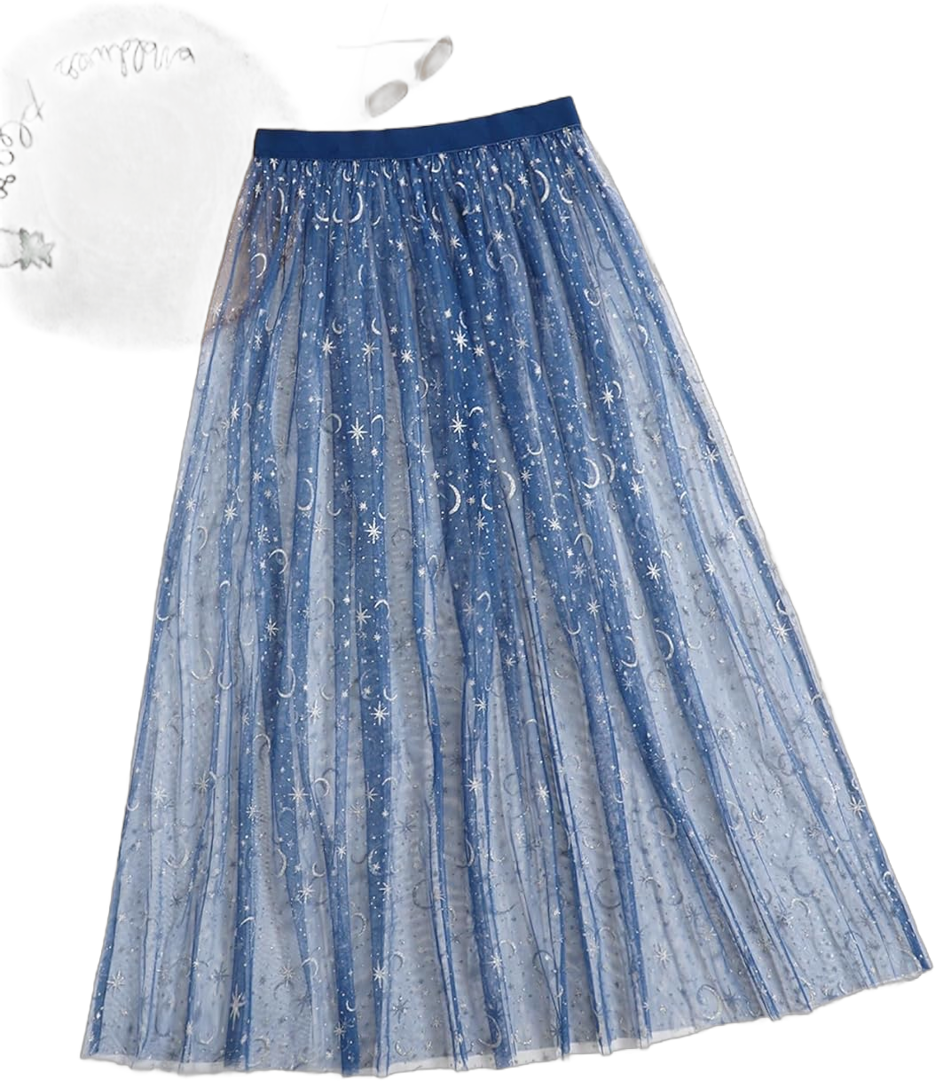 Floerns Women's Plus Size Glitter Star Print Sheer Mesh Flare Hem Maxi Skirt XX-Large Plus Blue Galaxy