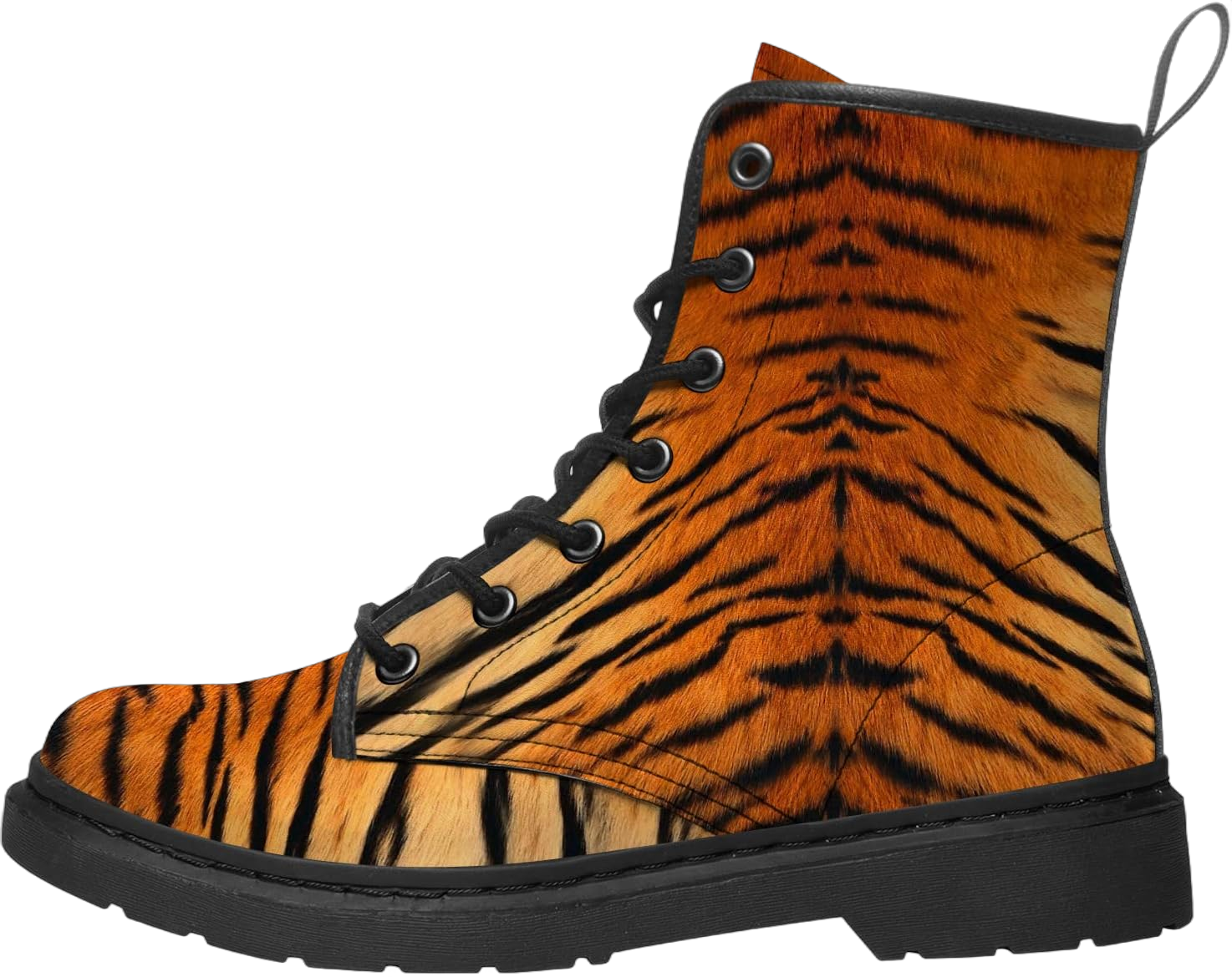 Tiger Print Boots Unisex Adult Combat Boots Vegan Leather Lightweight Hiking Boots Gifts for Her,Him 8 Women/6.5 Men Orange and Black Tiger Stripes