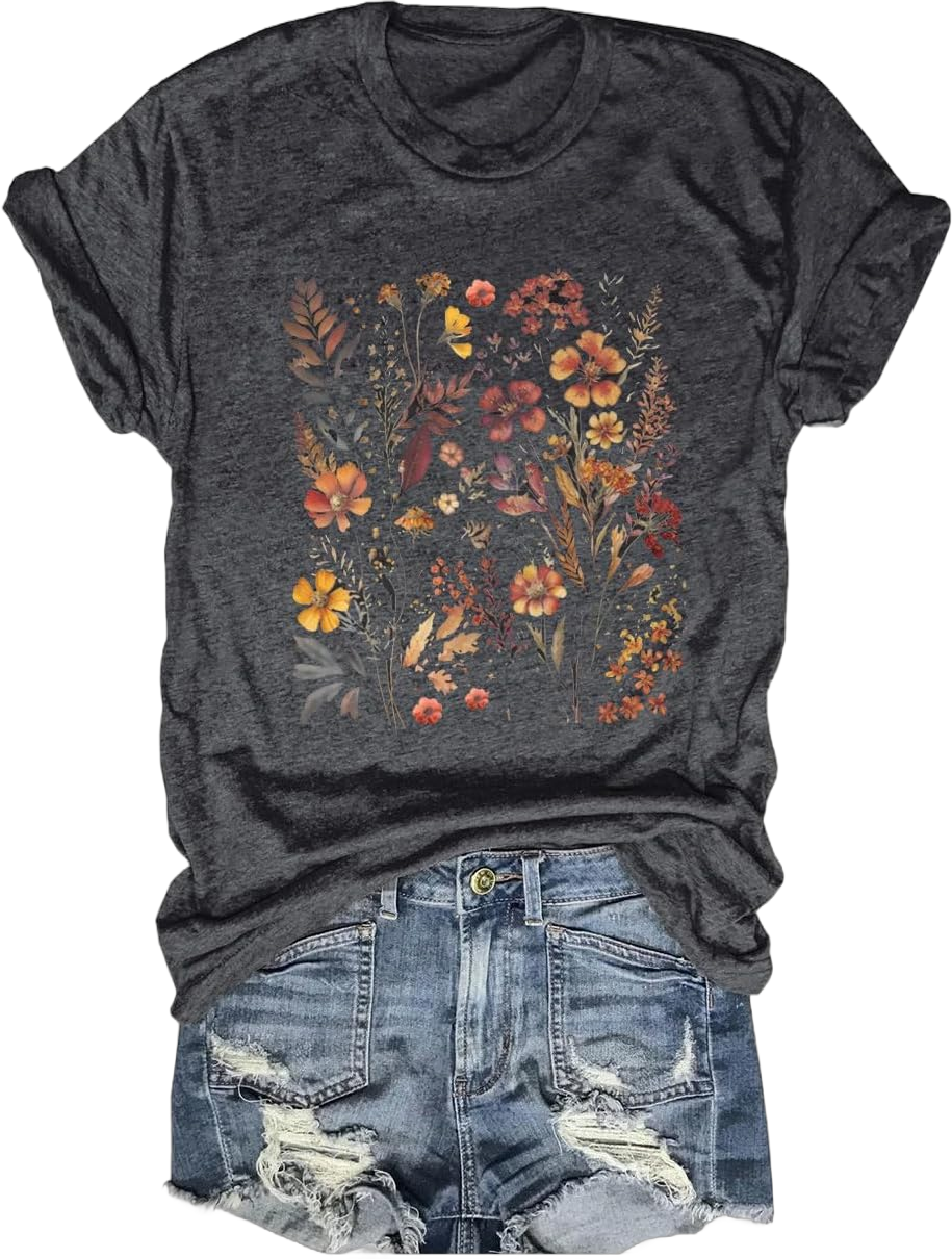 Women's Boho Flower T Shirt Vintage Flowers Printed Shirt Colorful Wildflower Graphic Tee Casual Botanical Short Sleeve XX-Large Dark Grey-1