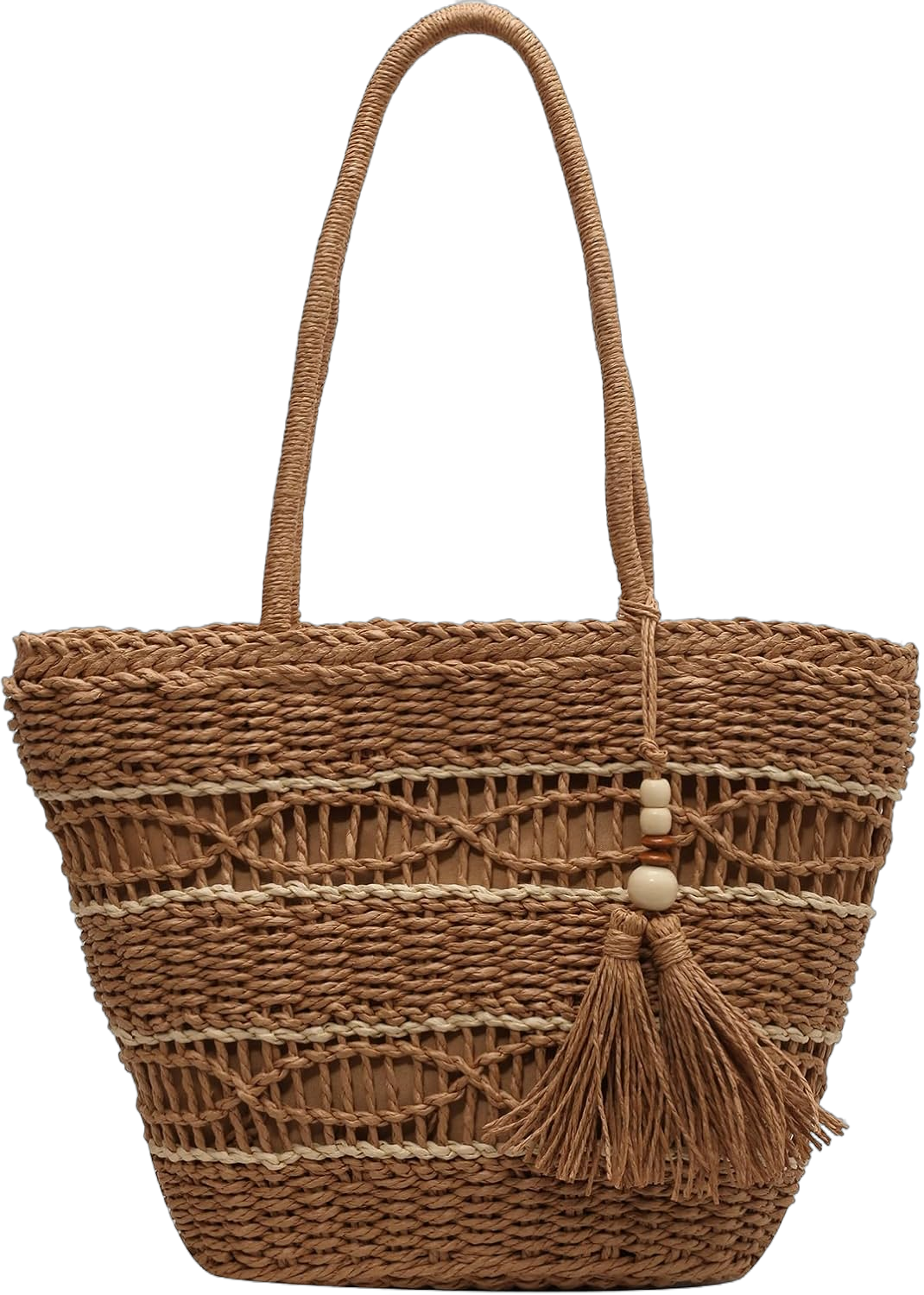 Straw Beach Bag, Summer Woven Tote Bag with Tassels Shoulder Handbag Straw Purses and Handbags for Women (Khaki)