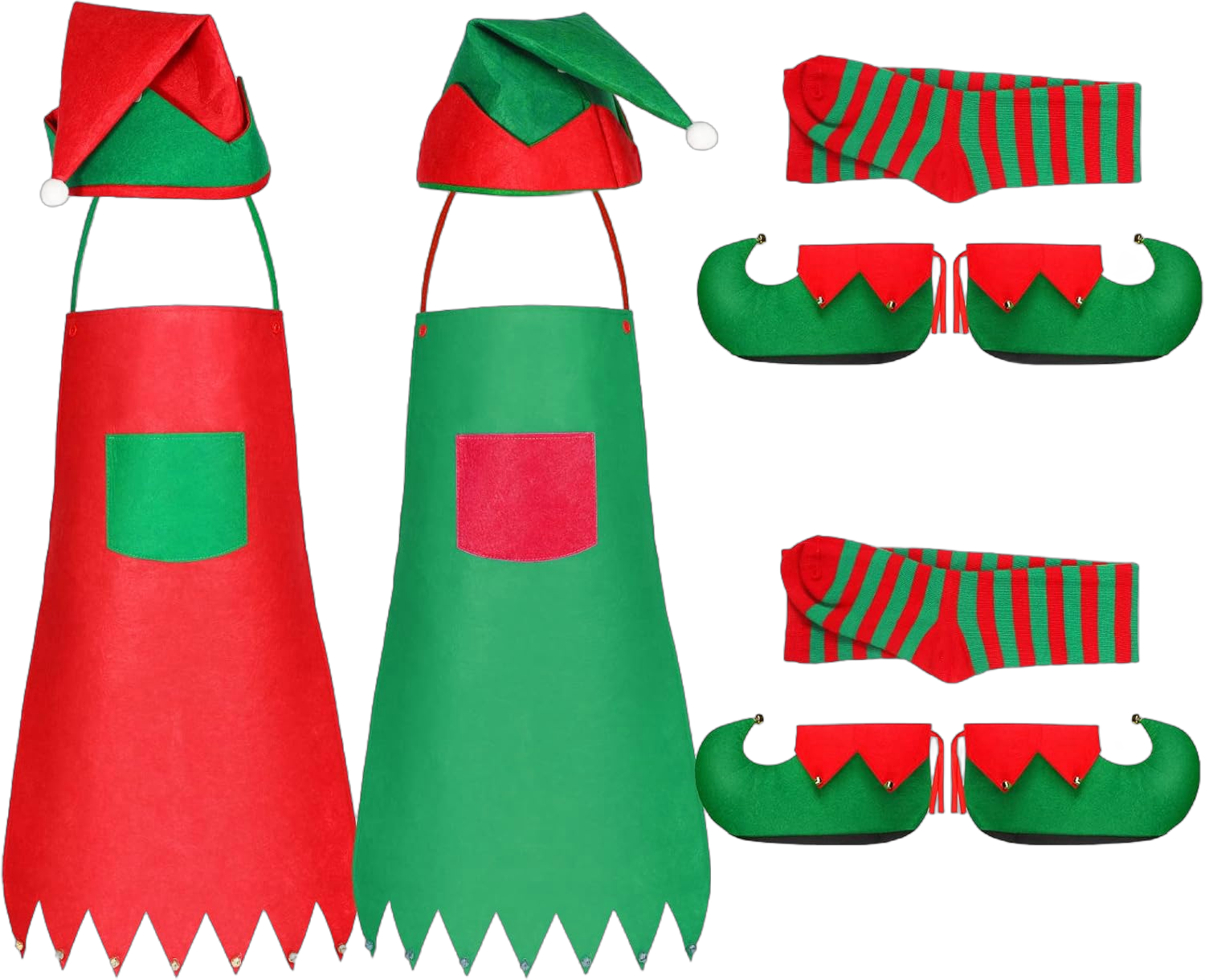 Funtery 8 Pcs Christmas Elf Costume Kits Adult Elf Outfit Accessories, Include 2 Elf Apron 2 Elf Hats 2 Elf Shoes and 2 Red and Green Striped Socks for Women and Men Christmas Party Supplies