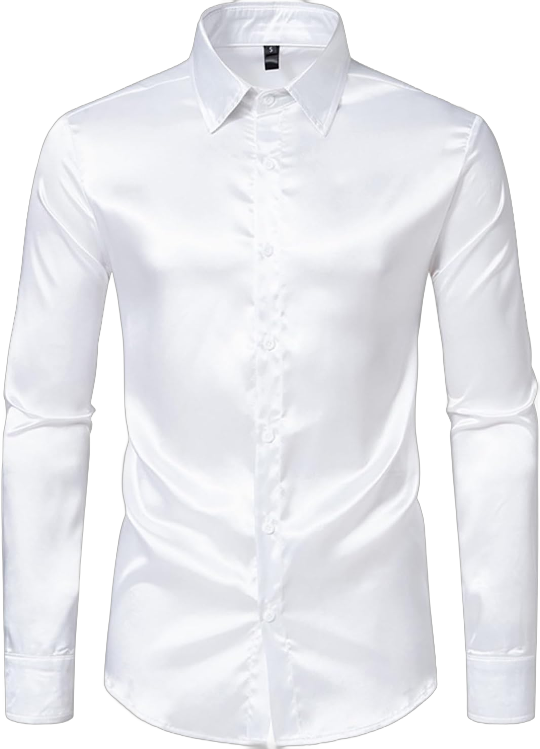 Men's Luxury Shiny Silk Like Satin Button Up Dress Shirts Fashion Long Sleeve Regular Fitted Shirt for Wedding Party White XX-Large