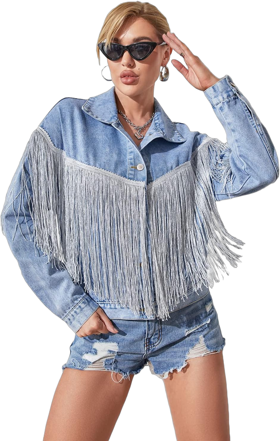 Women’s Crop Denim Jacket Tassel Casual Jean Coat With Fringe X-Small S118blue