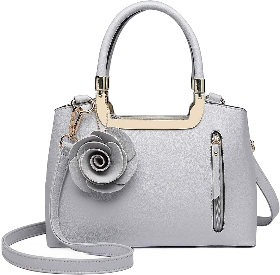 Miss Lulu Women Elegant Top Handle Bag Small Trend Shoulder Bag Pu Leather Flower Charm Structured Handbag Crossbody Bag Grey