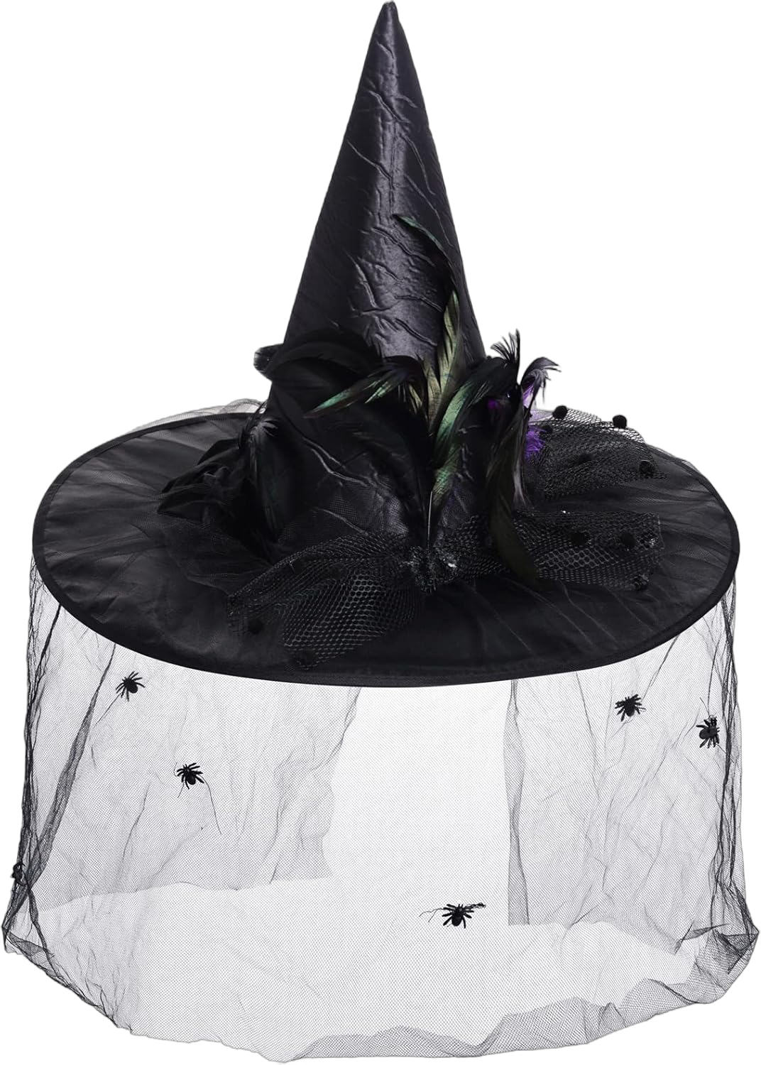 Witch Hat for Women Halloween Large Ruched Witch Hat with Veil Feathers Spiders Cosplay Costumes for Halloween Party Black