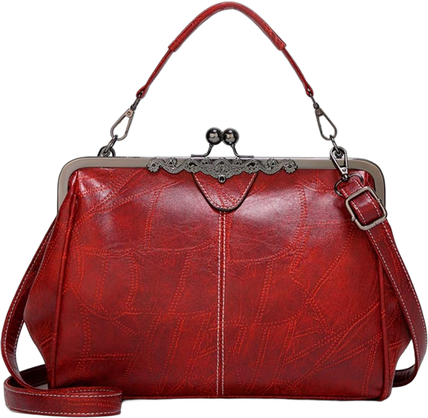 Segater® Women Retro Hollow Oil Wax PU Leather Handbag Kiss Lock Crossbody Purse Vintage Messenger Bag Tote Red