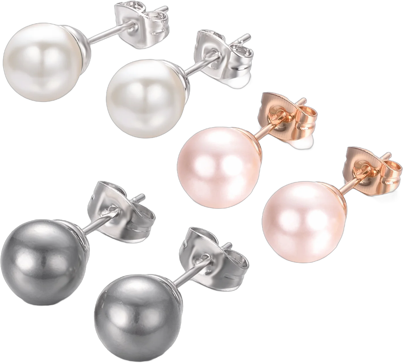 Yoursfs 3 Pairs Pearl Stud Earrings for Women 18K Gold Plated Fake Pearl Earrings for Pierced Ear, 8mm Pearl Earrings Sets (Pink Pearl White Pearl Black Pearl)