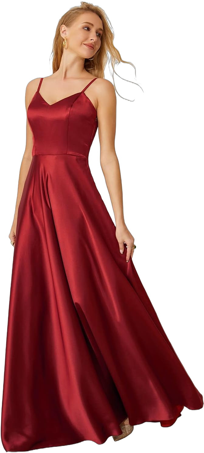 Satin Long Bridesmaid Dresses for Women Elegant Maxi Dresses for Formal Evening Party 12 Red