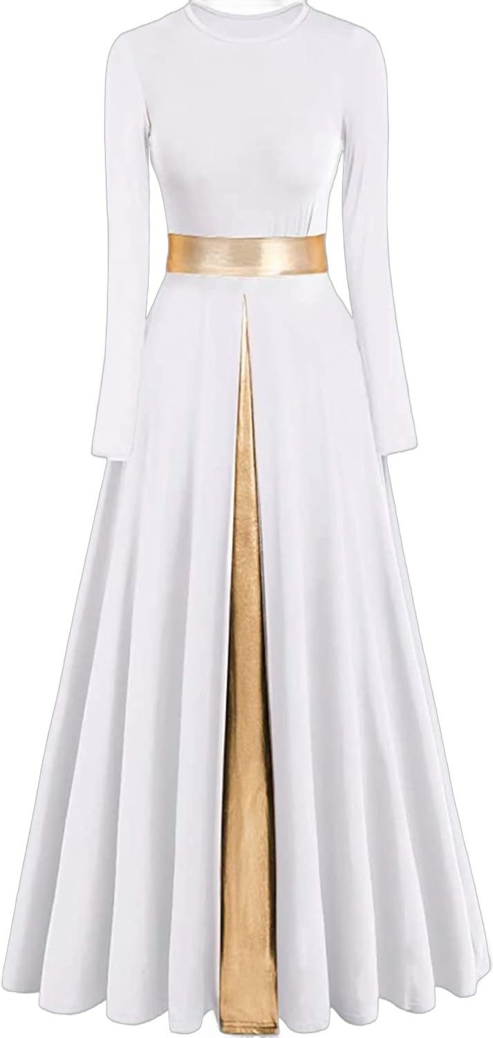 Z&X Praise Dance Modern Worship Liturgical Long Dresses for Women Metallic Color Block Church Robe Lyrical Dancewear Large 022 White