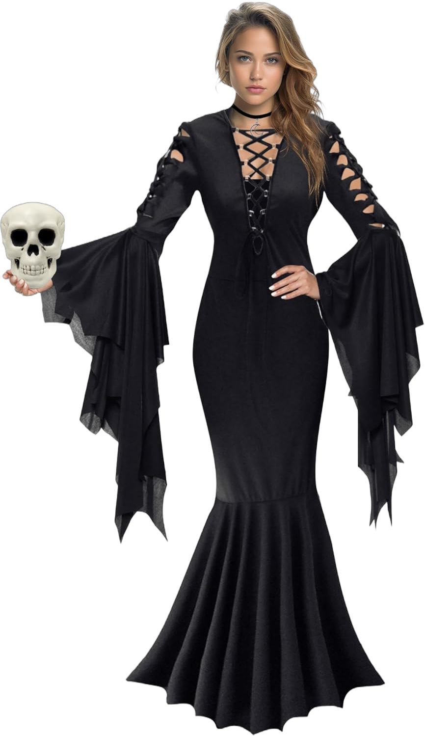 KatchOn, Gothic Witch Costume for Women - Adult Black Witch Dress Long Sleeve | Gothic Witch Dresses for Women with Collar Choker and Skull | Halloween Costumes for Women, Halloween Cosplay Party X-Large