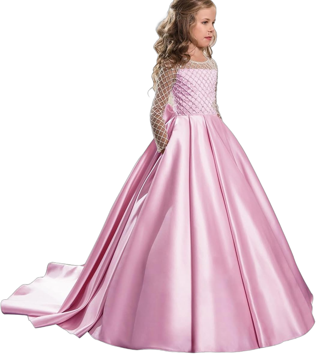 Flower Girl Dress Long Sleeve Satin A-line Girls Pageant Dresses Princess Kids Wedding Party Gown 6 Pink