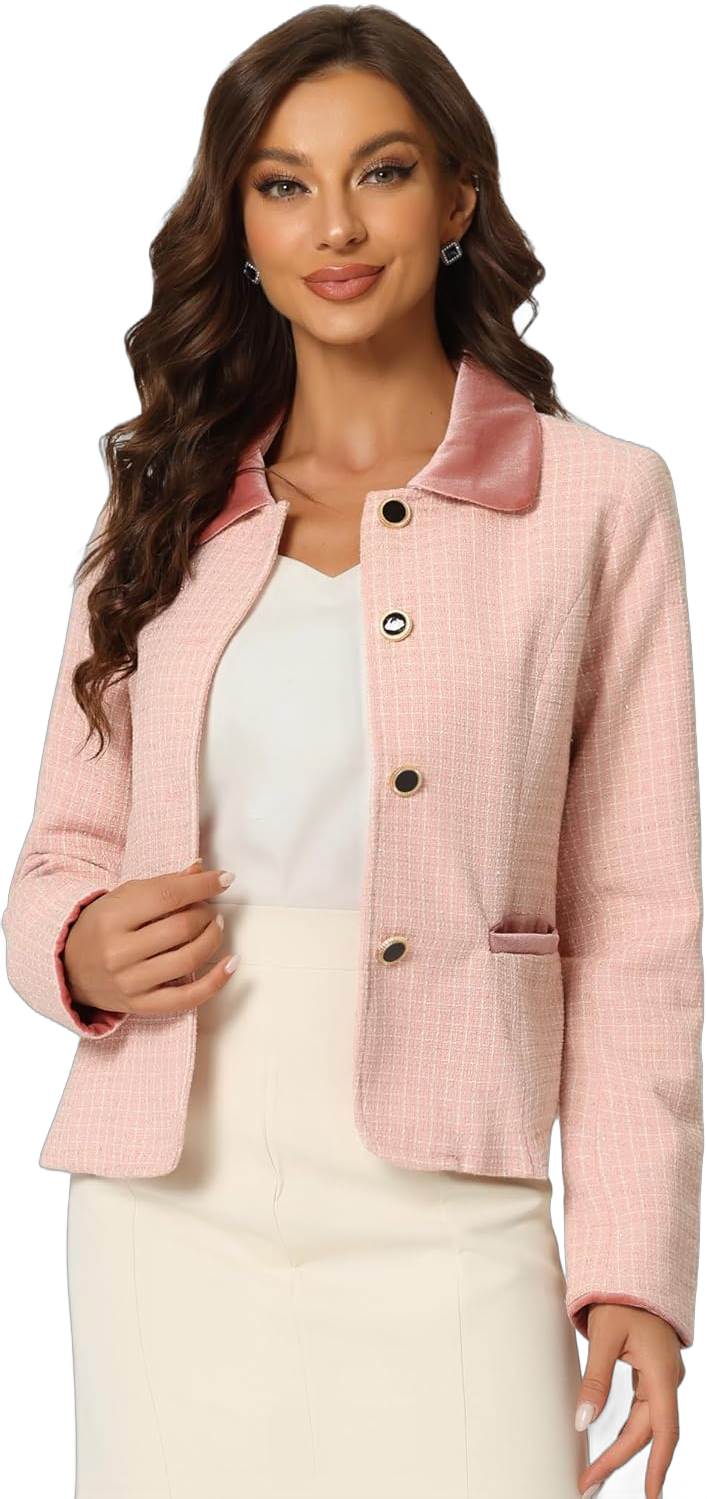 Allegra K Women's Winter Fall Tweed Cropped Suit Blazer Vintage Work Office Short Tweed Jacket Coat Large Pink