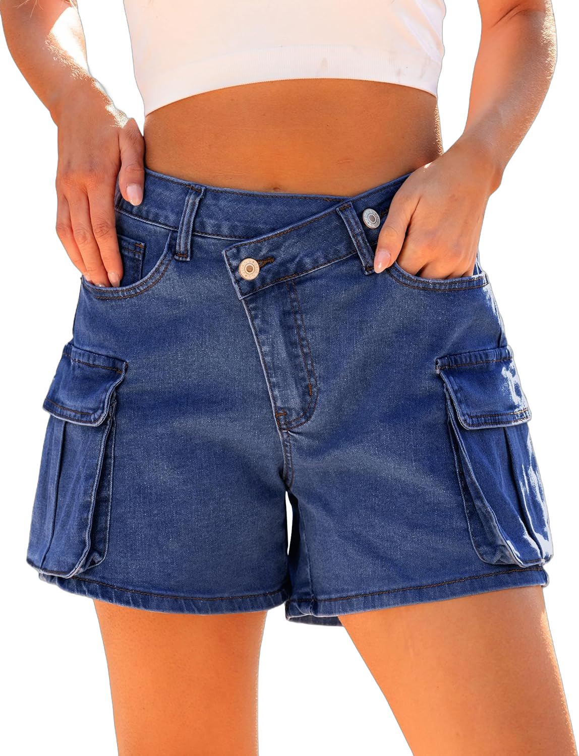 luvamia Jean Shorts for Women Trendy High Waisted Stretchy Denim Cargo Shorts Cross Over Waist Summer Country Concert XX-Large Classic Blue