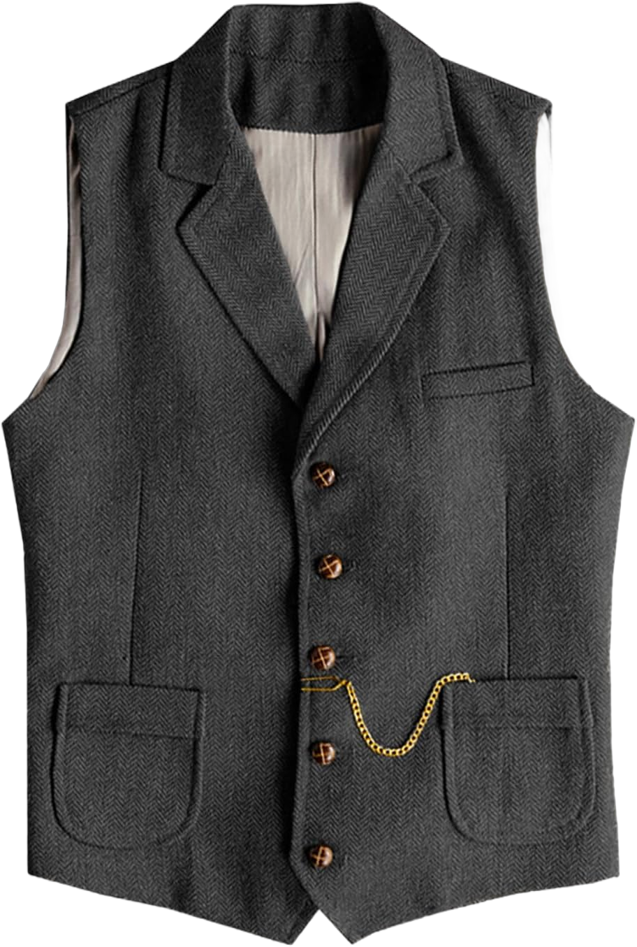 Men's Tweed Suit Vest Western Herringbone Wool Casual Waistcoat for Groomsman Large Black