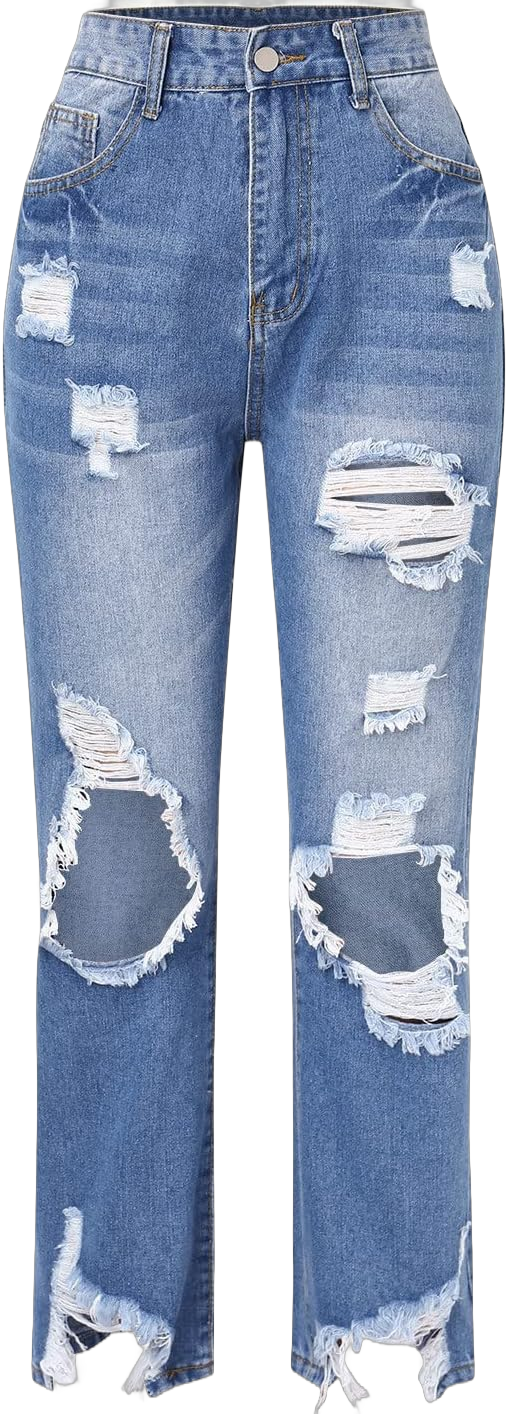 Womens Jeans Ripped Stretch Loose Hole Irregular Sand Wash Jeans Trousers Blue Large