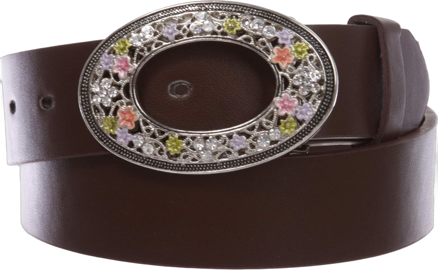 1 1/2" Women's Snap On Oval Rhinestone Western Engraving Hollow Out Perforated Floral Flower Buckle Leather Belt M- 34"~36" Brown