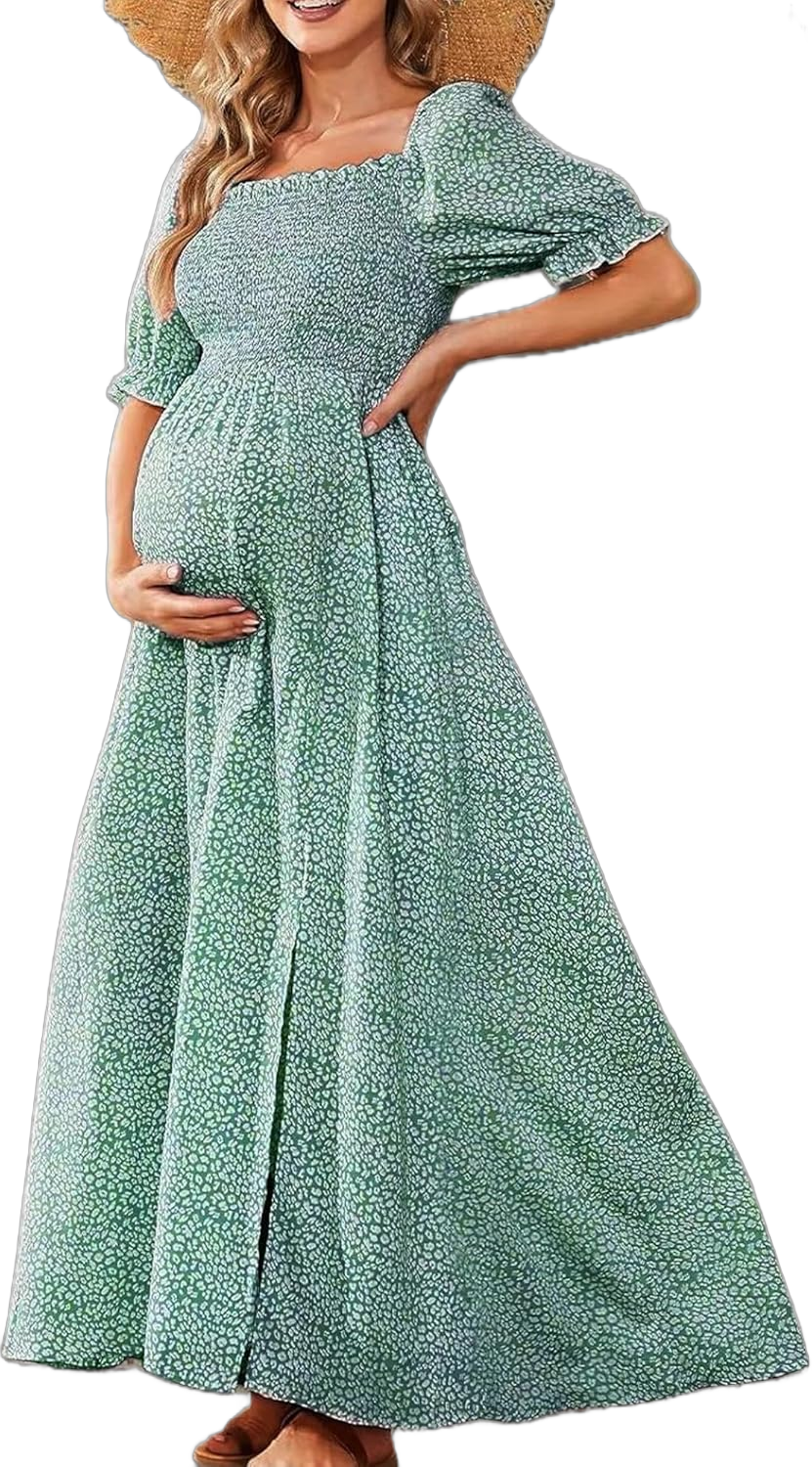 Women's Floral Leopard Maternity Dress for Photoshoot Baby Shower Flutter Sleeve Fall Boho Causal Smocked Pregnancy Dress Medium A3703a-sgreenbw