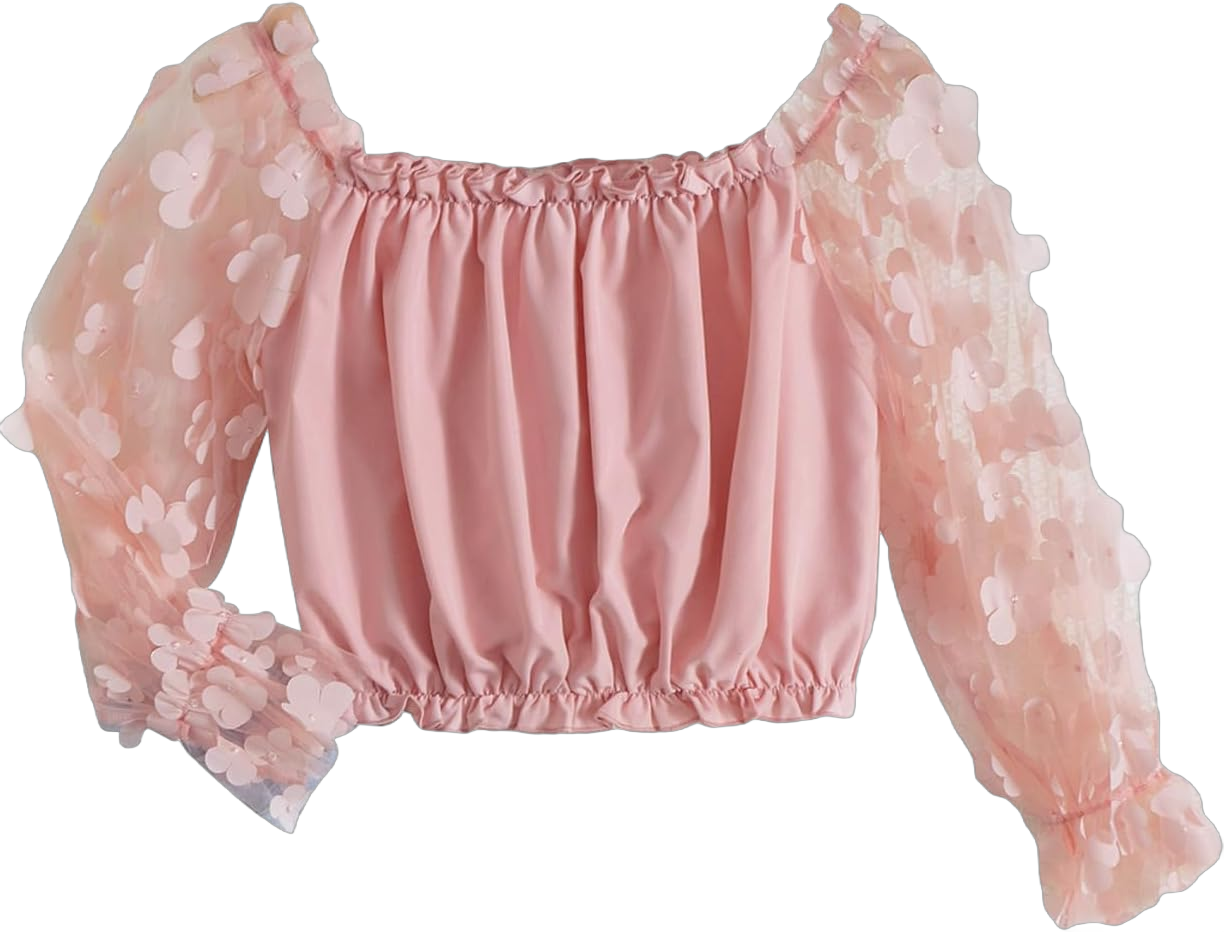 WDIRARA Girl's Floral Appliques Contrast Mesh Ruffle Puff Long Sleeve Square Neck Casual Crop Tops 10 Years Light Pink