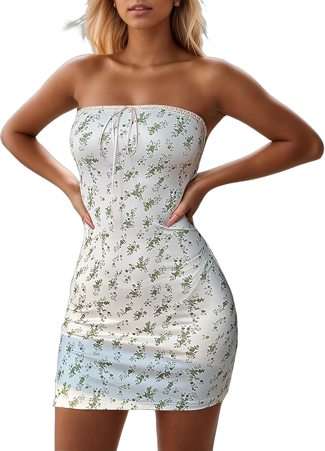 Women's Sexy Tube Dress Summer Y2K Floral Print Strapless Bodycon Mini Dress Date Night Party Club Bandeau Short Dress Large Green Print Floral