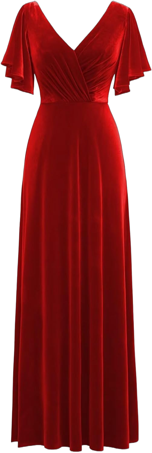 Flutter Sleeve Velvet Bridesmaids Dresses V Neck Women Wedding Long Bridesmaid Dresses for Fall 8 Red