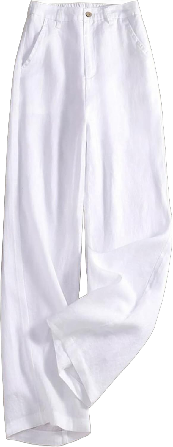 Women's Wide Leg Linen Palazzo Pants Elastic High Waist with Pocket for Work&Daily XX-Large White