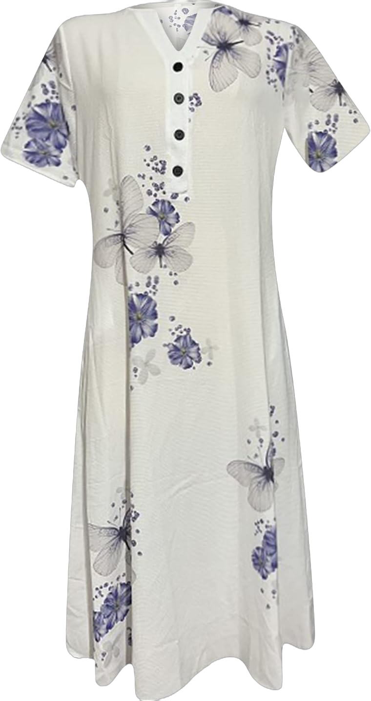 Summer Dresses for Women 2022 Fashion Casual Dress Butterfly Floral Print Short Sleeve Midi Dress Casual V Neck Button Pocket Long Beach Dress(White,3X-Large)