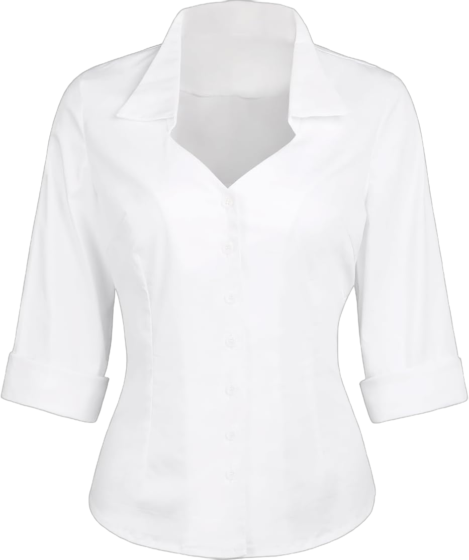 YARN & INK Women's Solid Classic-Fit Casual Blouses Button Down 3/4 Sleeve Dress Shirt 1950s Retro Elegant Work Office Tops 5X-Large White