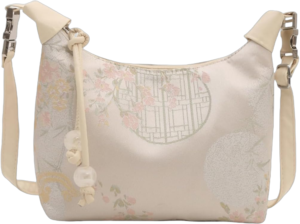 Elegant Chinese Weaving Fabric Shoulder Bag Nylon Traditional Pattern Vintage Crossbody Handbag Purse for Women White