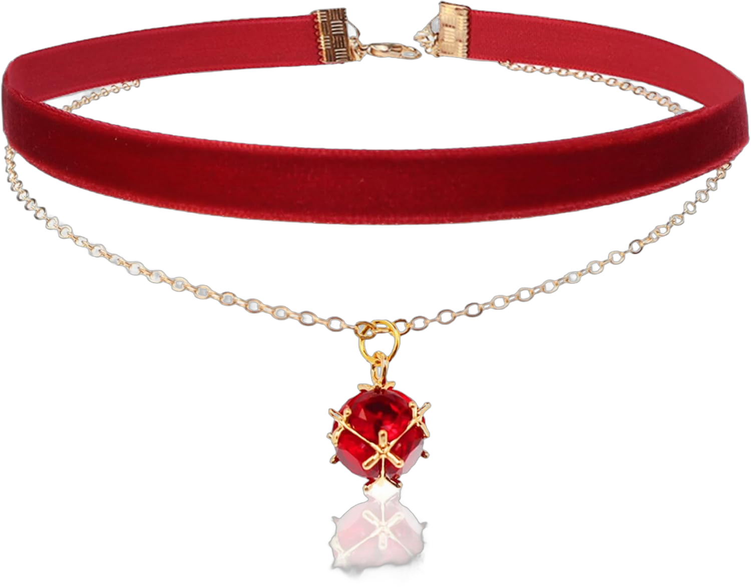 Elegant Black Velvet Choker Necklace with Red Gem Pendant and Gold Chain - Luxurious Fashion Accessory for Women Red02