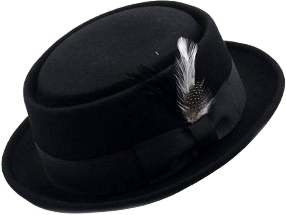 Men's Crush-able Wool Felt Porkpie Pork Pie Fedora Hats with Feather DTHE09 Small-Medium Black