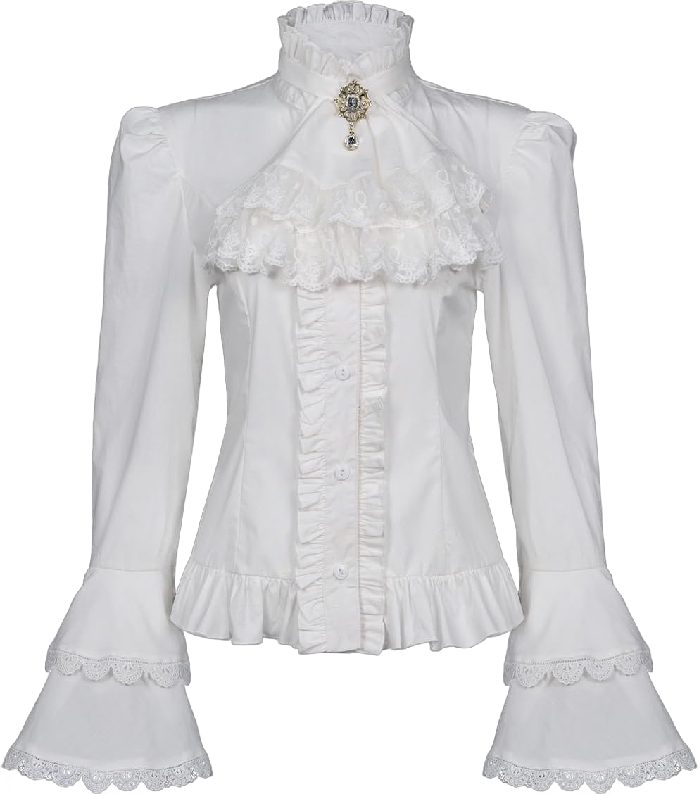 Mingyuezai Victorian Blouse Womens Gothic Pirate Shirt Vintage Long Sleeve Lotus Ruffle Tops Large 010 White