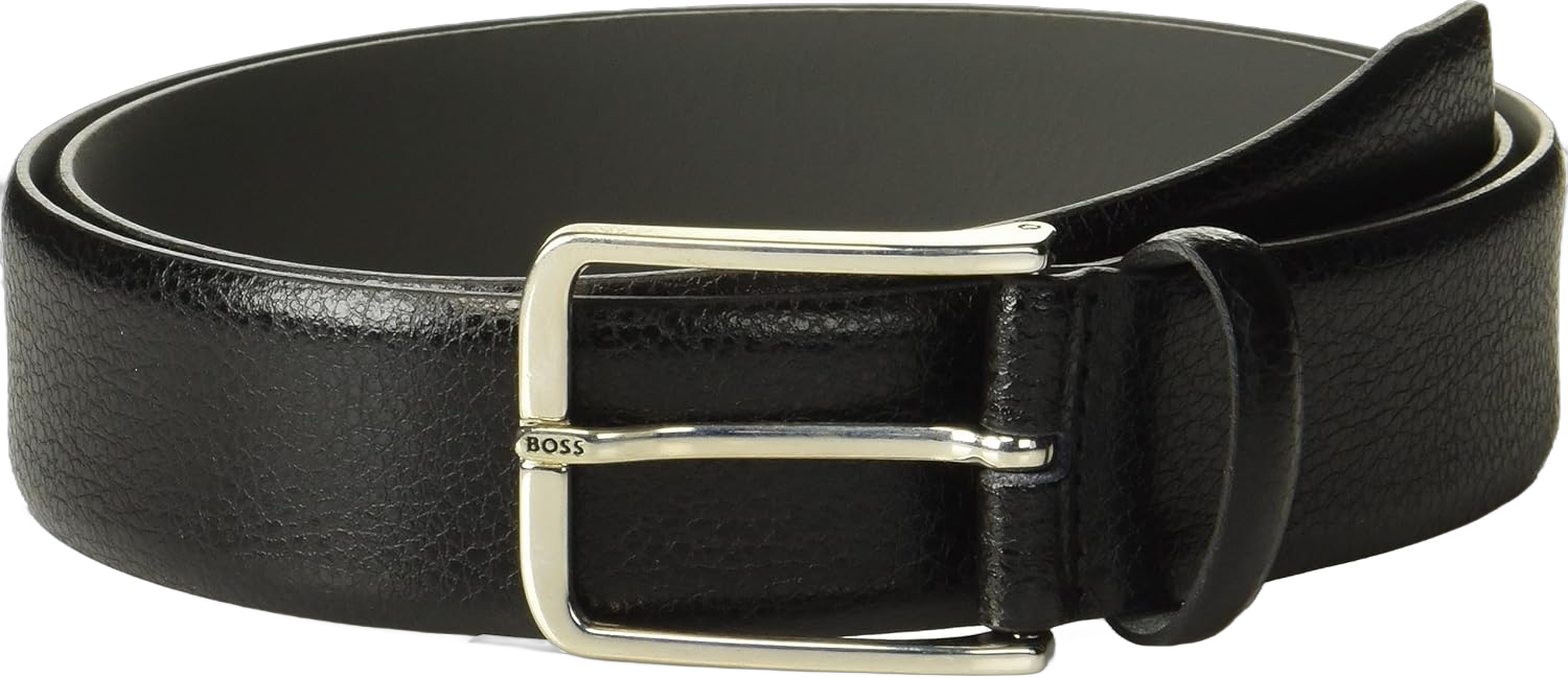 BOSS Men's Grain Leather Belt with Branded Metal Prong 32 Black Oil