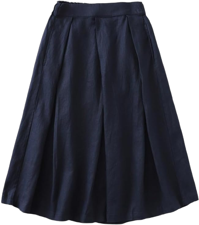 IDEALSANXUN Linen Skirts for Women Vintage Pleated Elastic High Waisted 2024 Summer A Line Midi Skirts with Pockets Large Navy