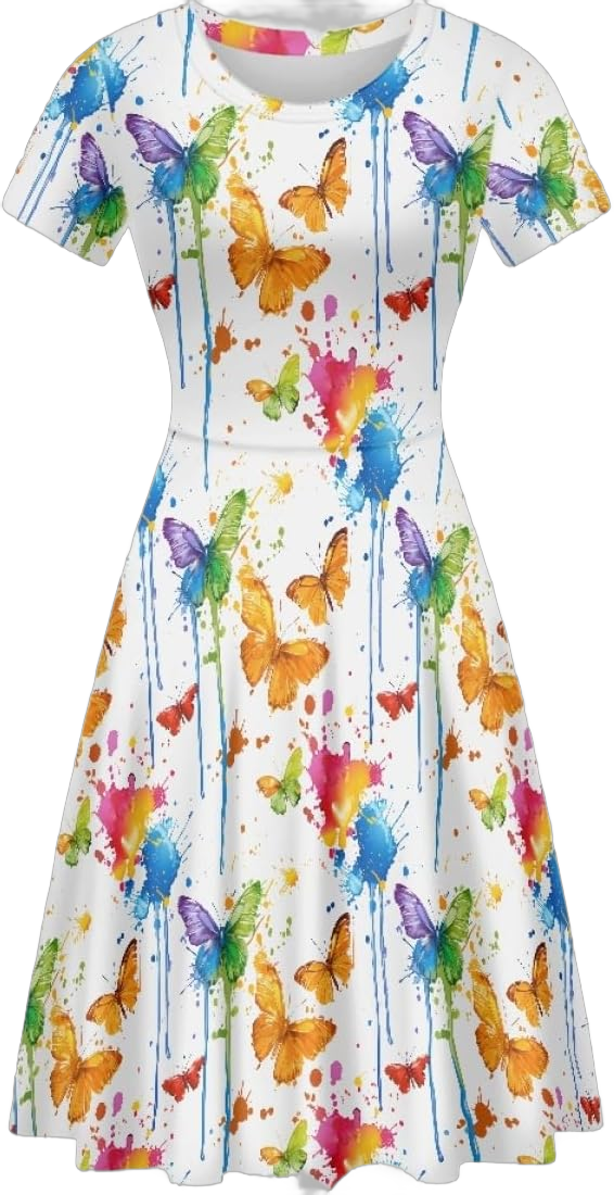 ENLACHIC Women's Casual Animal Floral Print Short Sleeve A Line Swing T Shirt Dress Plus Size XX-Large Rainbow Paint Splatter Butterfly