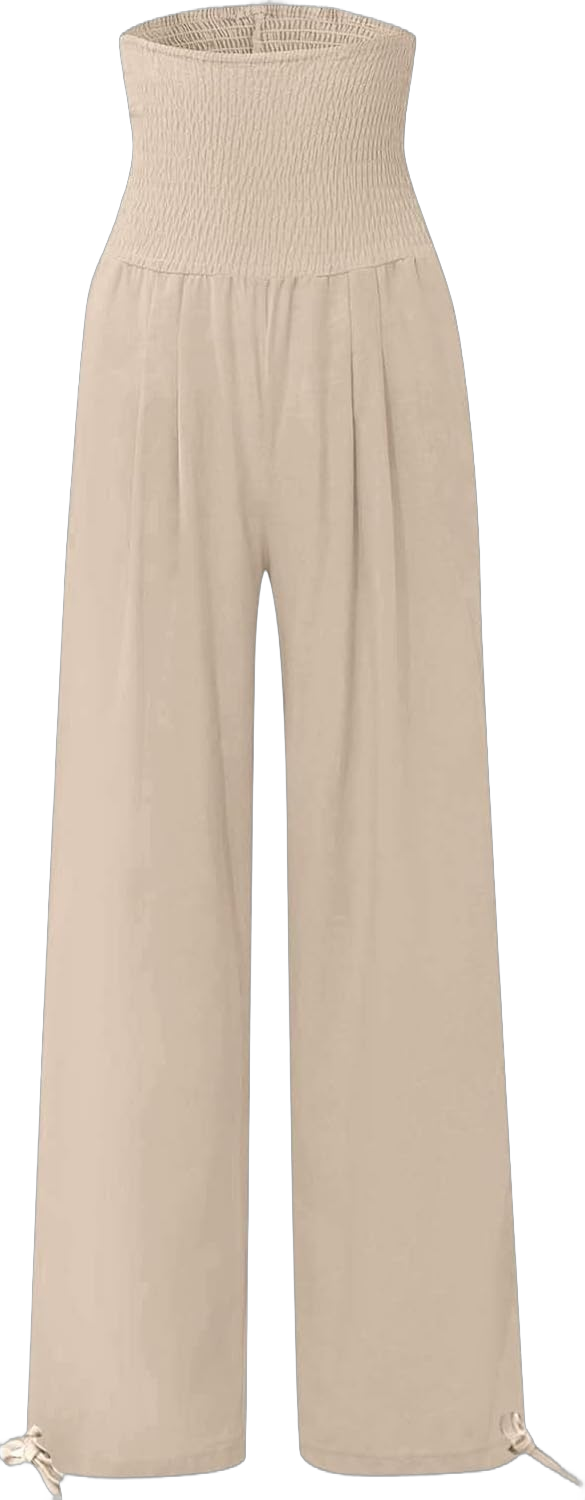 DOLKFU Women Wide Leg Loose Cotton Linen Trousers Casual High Elastic Waist Palazzo Pants Lightweight Trouser XX-Large #01 Beige