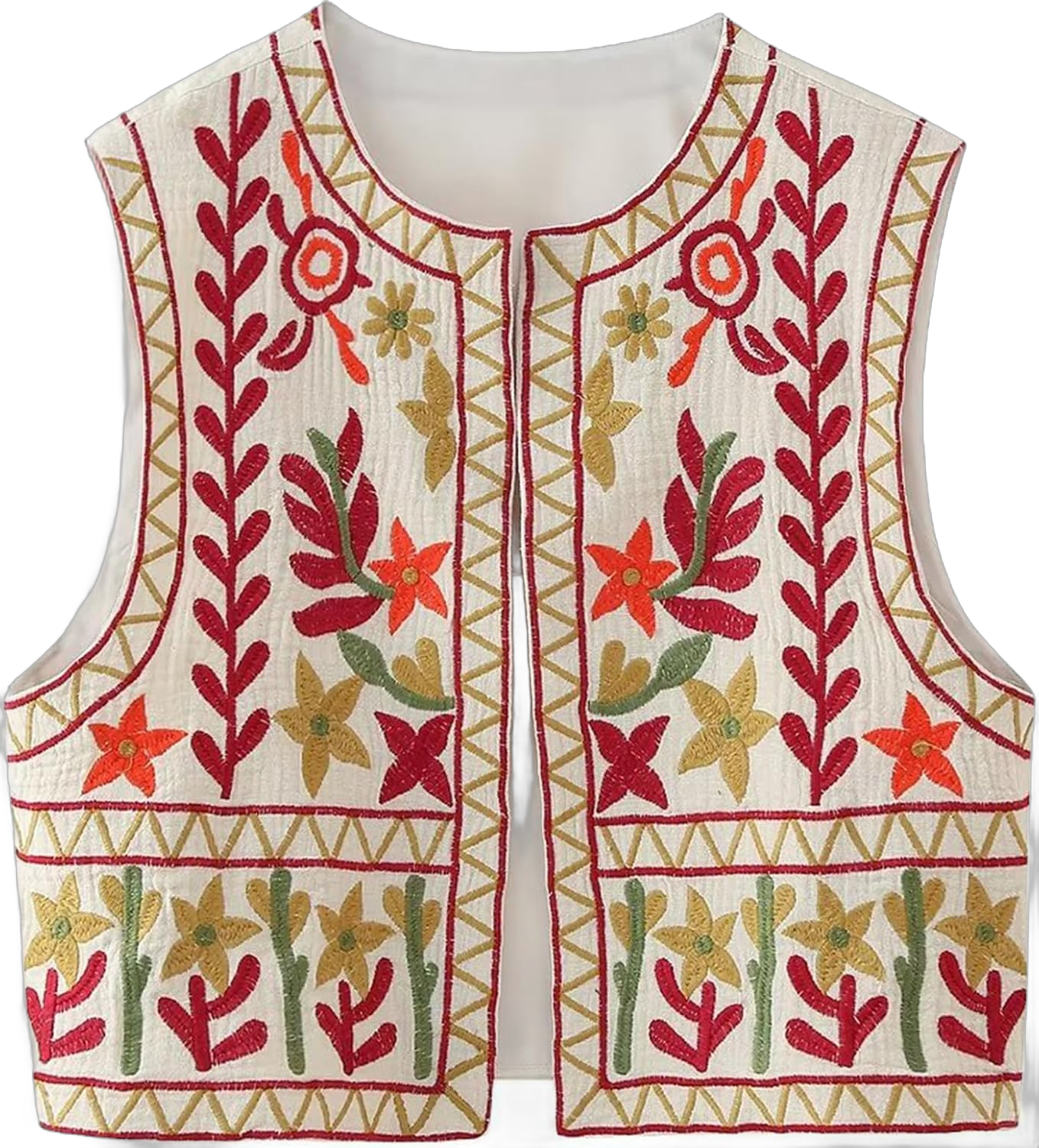 VDWIP Women's Vintage Floral Embroidered Vest Boho Cropped Vests Top Casual Sleeveless Open Front Cardigan Red Medium