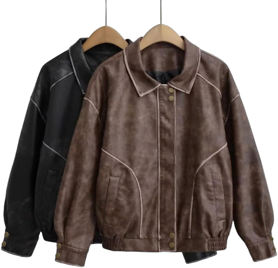 chouyatou Women's Fall Distressed Faux Leather Bomber Jacket Motorcycle Oversized Leather Jacket Small Brown