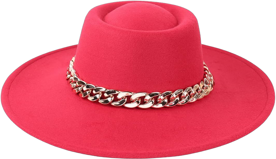 Women's Classic Wide Brim Felt Fedora Travel Western Fashion Hat, Adjustable Hat Band Wide Chain Belt Accent One Size Burgundy