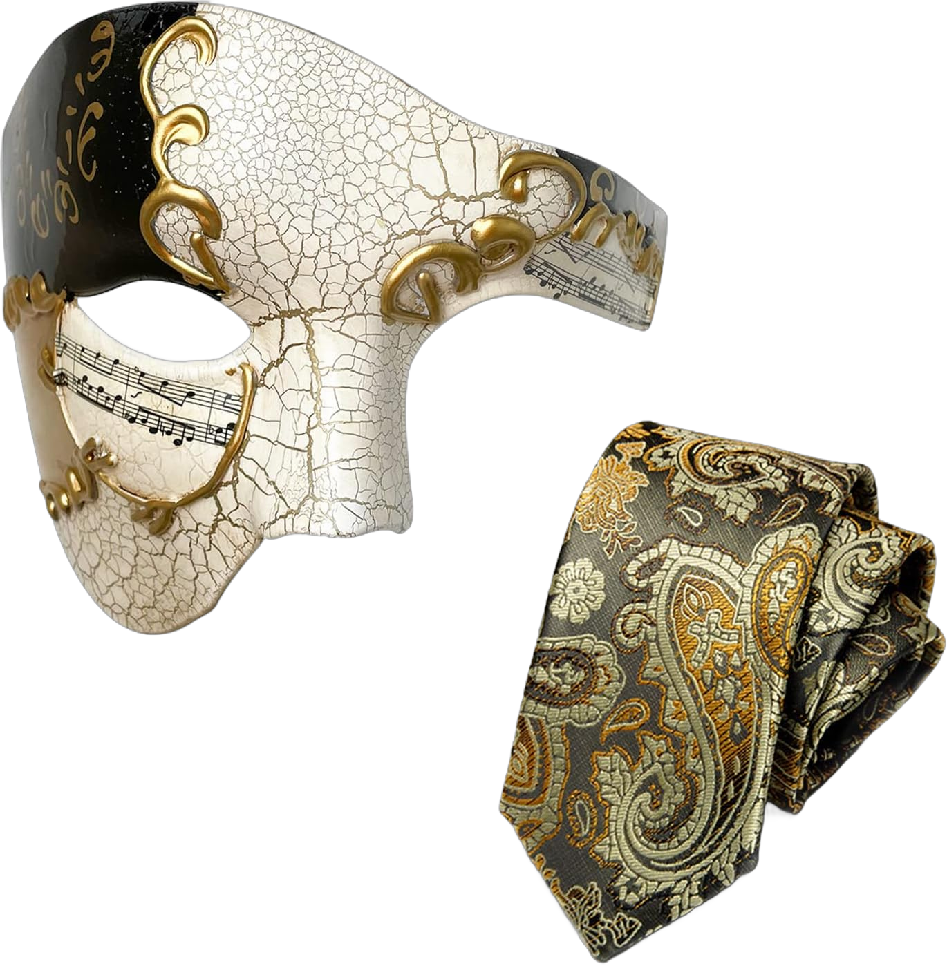 HyperFun Mens Masquerade Mask Phantom of The Opera Mask and Silk Necktie Set Venetian Half Face Ball Mask for Costume Parties Earl of Black Gold