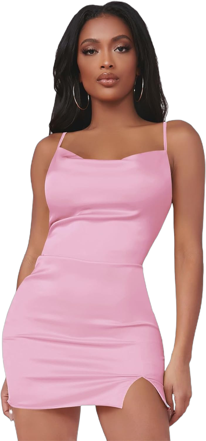 Verdusa Women's Split Hem Cowl Neck Spaghetti Strap Satin Cami Bodycon Mini Dress X-Small Light Pink Satin