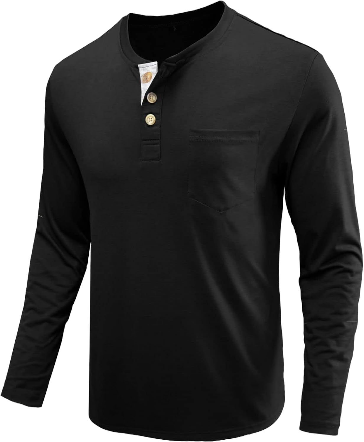 Henley Shirts for Men Shirt Long Sleeve Cotton T-Shirt with Pocket Button V Neck T Shirts Men Lightweight Large Black