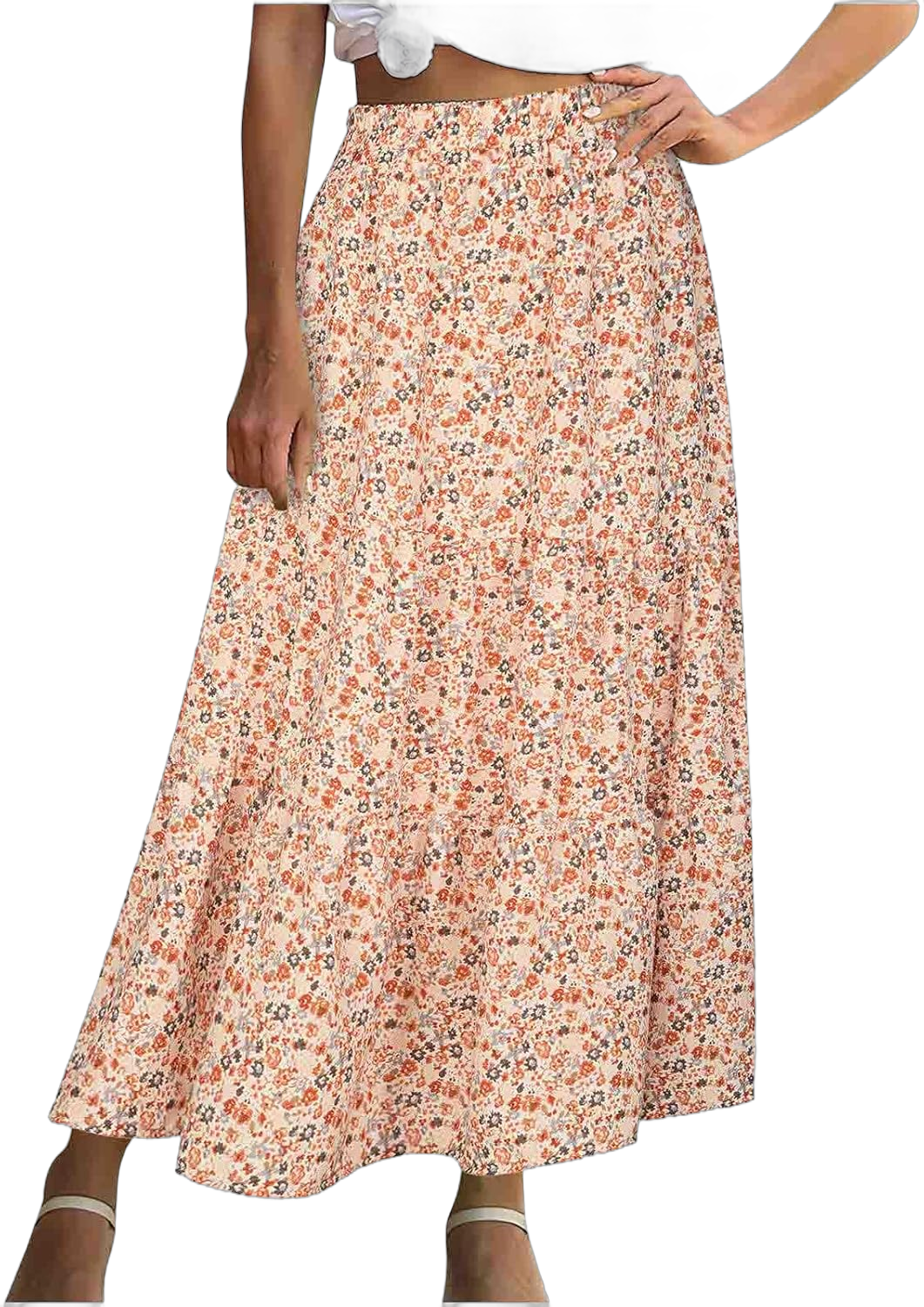 2024 Fashion Bohemia Maxi Skirts for Women Lightweight Floral Print Beach Skirt Lady Flowy Ruffle Hem Long Skirt Large Orange