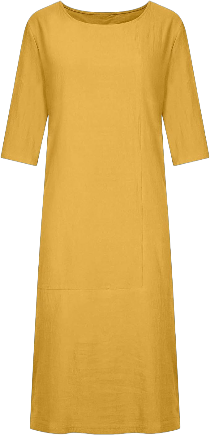 Summer Cotton and Linen Dresses for Women Casual Comfy Elbow Sleeve Crew Neck Knee Length Sundress Loose Baggy Dress 3X-Large Yellow,09