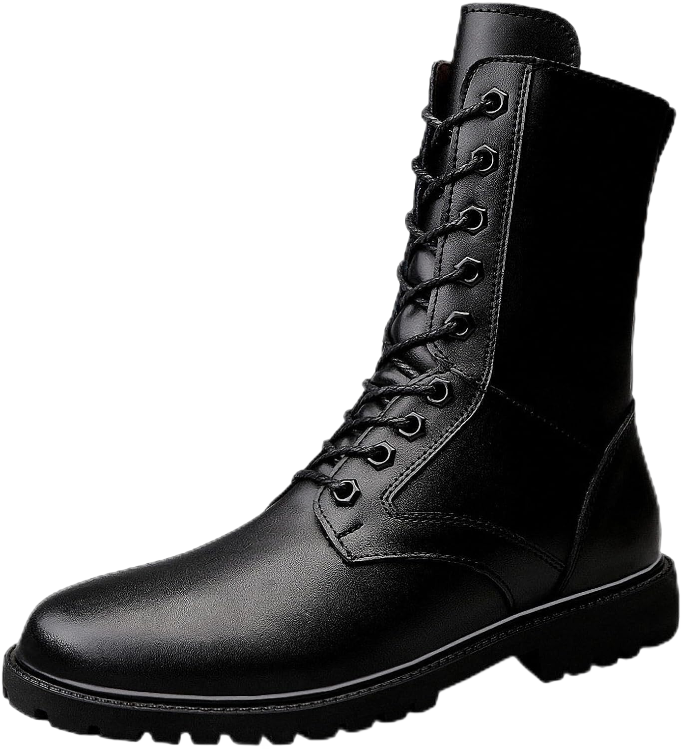 Mens Black High-Top Cowhide Motorcycle Army Military Tactical Combat Boots Flat-Soled Round-Toe Leather Outdoor Hunting Warm Non-Slip Hiking Mid-Calf Shoes Lace-Up Zipper Waterproof Puncture-Resistant 13 Black