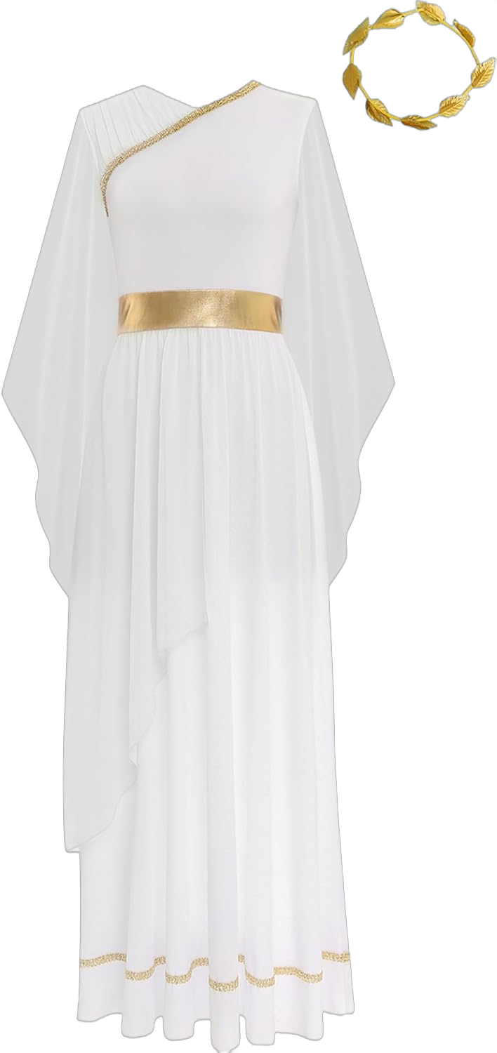 Freebily Ancient Greek God Costume for Women Roman Toga Gowns Roman Empress Maxi Dress with Headwear XX-Large White