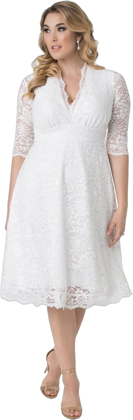 Kiyonna Women's Plus Size Bella Short Ivory Lace Dress, Simple White Wedding, Bridal Shower, or Graduation Midi Dress 5X Ivory