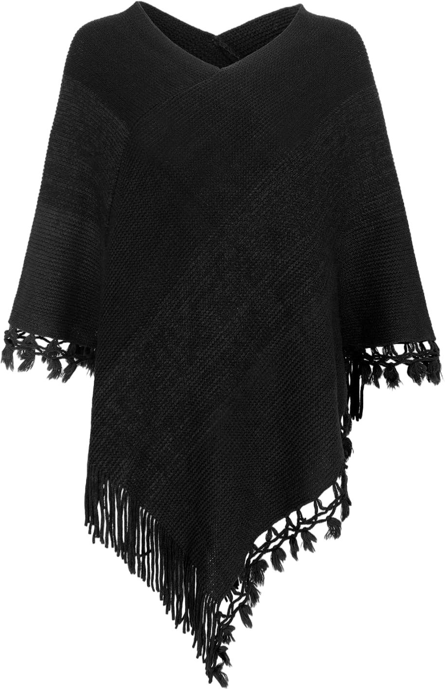 Fomolom Women Striped Poncho with Tassels Knitted Shawl Scarf Fringed Wrap Sweater Pullover Cape Gifts for Women Black