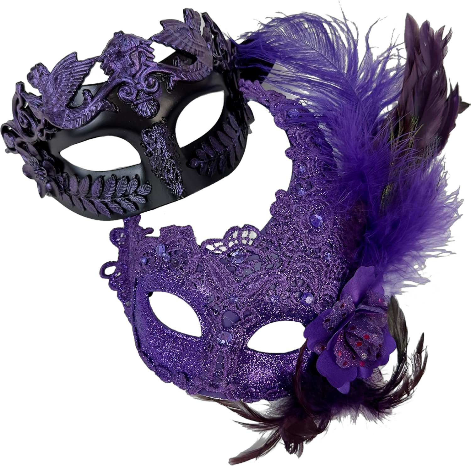 Couples Masquerade Masks for Women Men Feather Mardi Gras Masks Roman God Burlesque Mask Halloween Costume Cosplay Venetian Purple