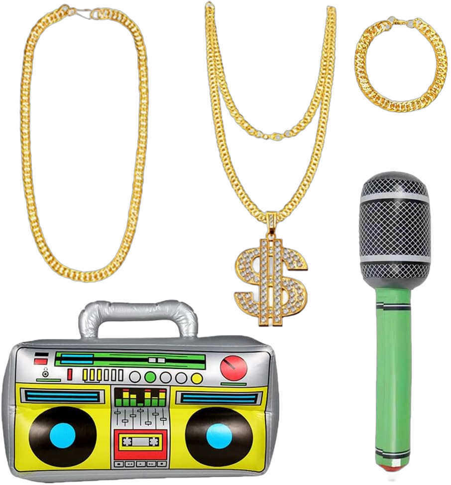 5 Pieces 80s/90s Hip Hop Costume Kit Cool Rapper Outfits Accessories with Inflatable Radio Box, microphone, Gold Chain, Gold Bracelet